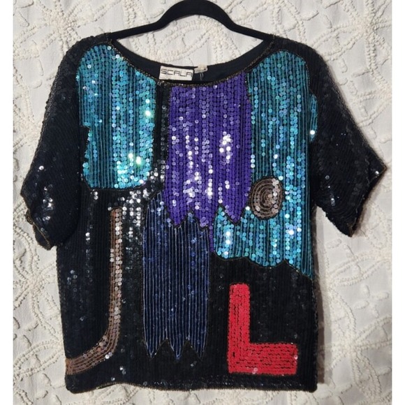 Scala Tops - Vintage Scala Womens‎ All Over Sequin Silk Top Size Small Black Colorblock Retro